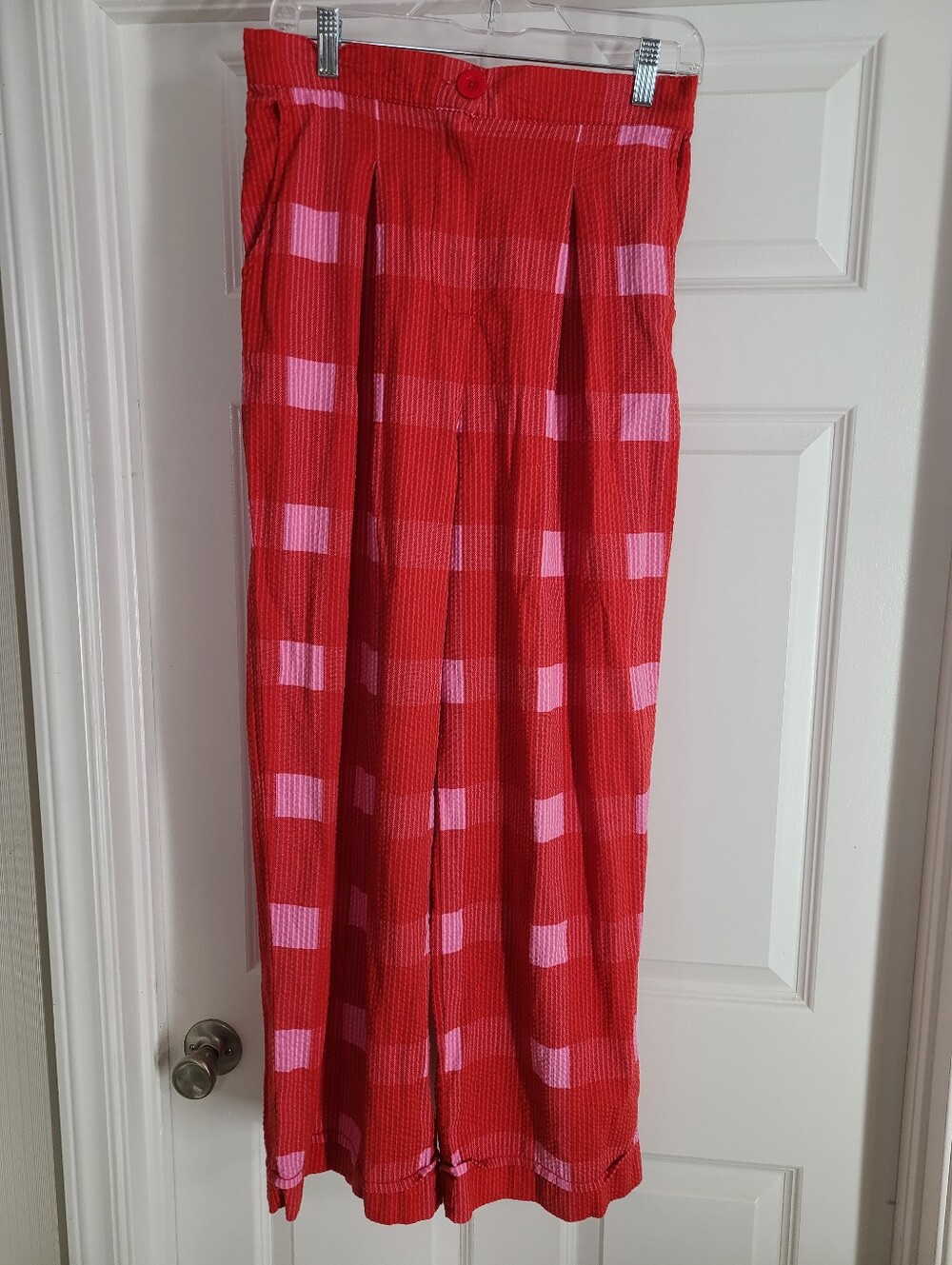 Anthropologie Porridge Preppy Plaid Pink Red Wide Leg Pants Size M